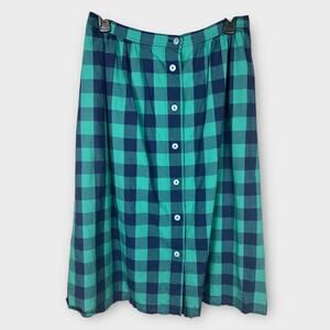 Vintage Button Front Walbusch Plaid A-line midi skirt blue green pockets Size 8